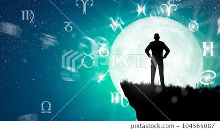 Astrological zodiac signs inside of horoscope circle. Illustration of Man silhouette consulting the stars and moon over the zodiac wheel and milky way background. The power of the universe concept. Astrological zodiac signs inside of horoscope circle. Illustration of Man silhouette consulting the stars and moon over the zodiac wheel and milky way background. The power of the universe concept. 104565087
