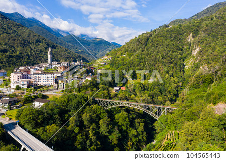 General view of Intragna village in Swiss Alps in summer 104565443