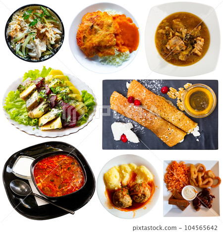 Set of Russian cuisine dishes at plates isolated on white Set of Russian cuisine dishes at plates isolated on white 104565642