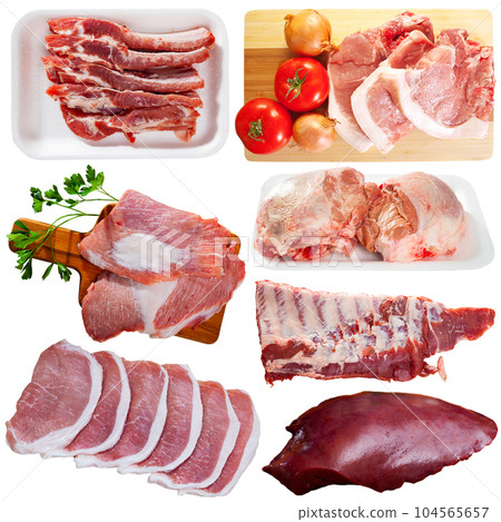 Set of various raw pork products isolated on white 104565657