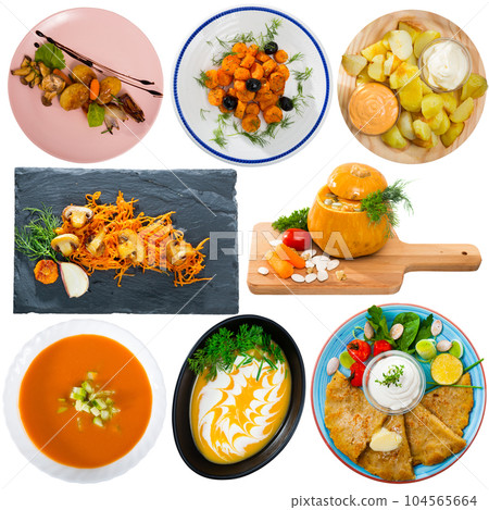 Collage of different types dishes with vegetables isolated on white background Collage of different types dishes with vegetables isolated on white background 104565664
