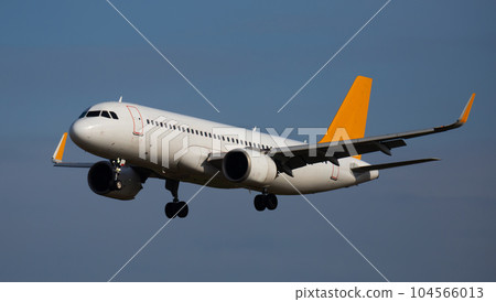 Image of passenger plane landing in airport afternoon Image of passenger plane landing in airport afternoon 104566013
