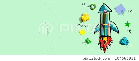 Back to school theme with rocket with school supplies 104566931