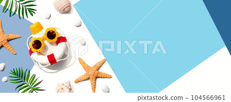 Sunblock bottle wearing sunglasses with starfish and seashells 104566961