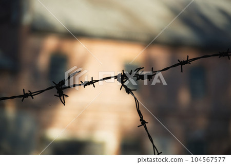 Silhouette of rusty barbed wire on blurred background 104567577