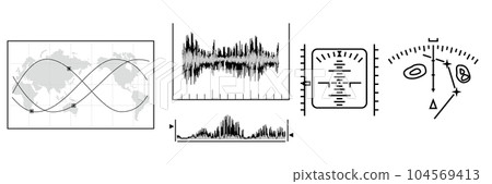 Illustration of monitoring screen such as map, satellite orbit, navigation 104569413
