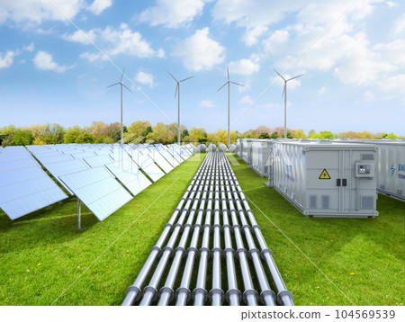 Amount of energy storage systems or battery container units with solar and turbine farm 104569539