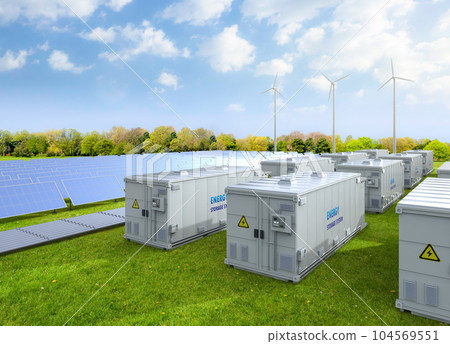 Amount of energy storage systems or battery container units with solar and turbine farm 104569551