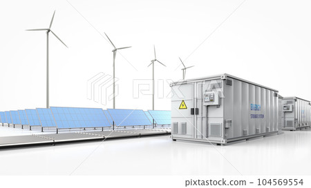 Amount of energy storage systems or battery container units with solar and turbine farm Amount of energy storage systems or battery container units with solar and turbine farm 104569554