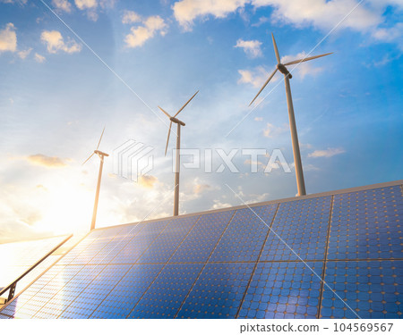Alternative energy concept with wind turbines and solar panels 104569567