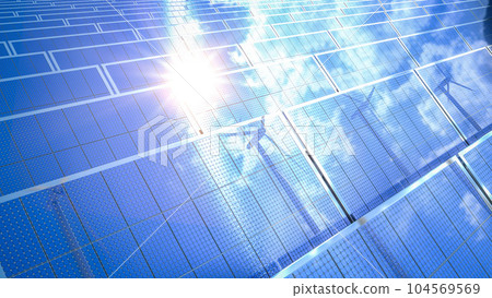 Amount of solar panels with flare of light 104569569