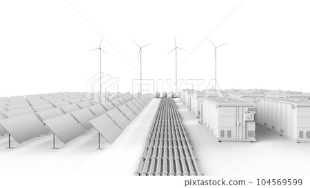 3d rendering amount of energy storage systems or battery container units with solar and turbine farm 104569599