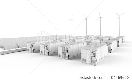 3d rendering amount of energy storage systems or battery container units with solar and turbine farm 104569600