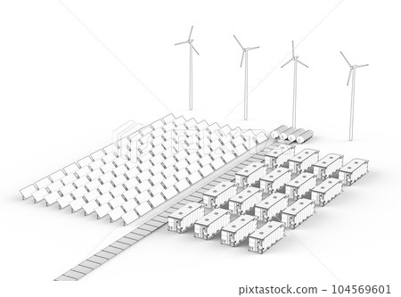 Outline of energy storage systems or battery container units with solar and turbine farm 104569601