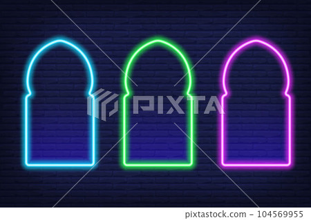 Ramadan islamic frame. Vector neon arch shape on dark background. Muslim door and window. Arabian bright template set. 104569955