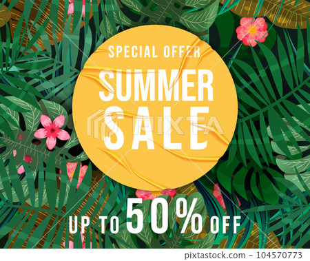 Summer Sale banner tropical plant, flowers and leaves 104570773