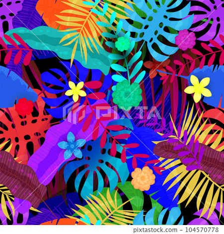 Seamless pattern Tropical exotic background. Colorful jungle leaves, flowers 104570778