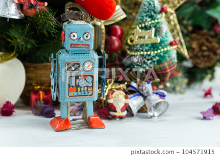 Christmas background with decorations and gift boxes on wooden 104571915