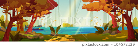 Autumn forest landscape with lake 104572129