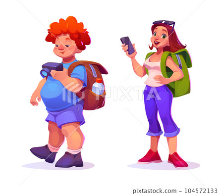 Cartoon set of male and female tourist characters 104572133