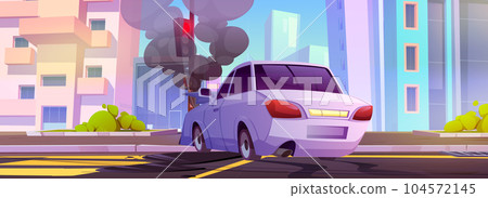 Car crash red traffic light pole on city street 104572145