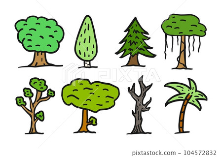 Set of various trees, oak, birch, spruce, acacia, dried dead tree, palm, willow 104572832