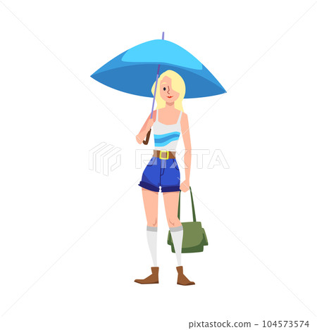 Smiling blonde woman standing under blue umbrella flat style Smiling blonde woman standing under blue umbrella flat style 104573574