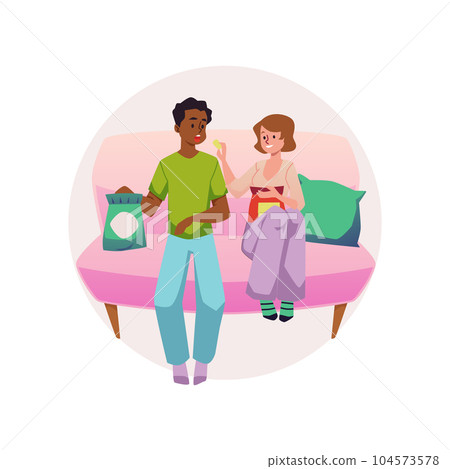 Happy couple sitting on couch and eating snacks, flat vector illustration isolated on white background. Happy couple sitting on couch and eating snacks, flat vector illustration isolated on white background. 104573578