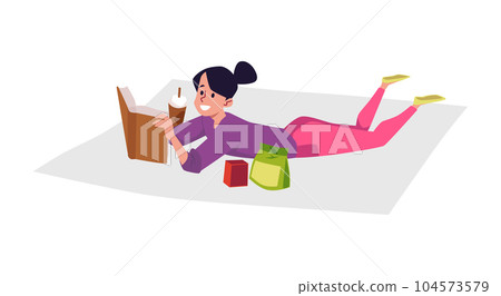 Smiling girl lying on blanket with book and food bag flat style Smiling girl lying on blanket with book and food bag flat style 104573579