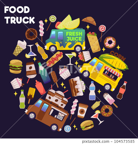 Set of elements about food truck festival grouped in round shape flat style Set of elements about food truck festival grouped in round shape flat style 104573585