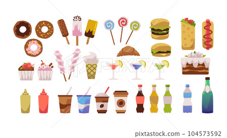 Big set of different meal and drinks for food truck festival flat style 104573592