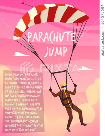 Parachute jump poster template, flat vector illustration. Happy character in equipment skydiving. 104573594