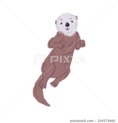 Vector illustration of cute cartoon sea otter swim and smile, marine mammal front view isolated on white background 104573660