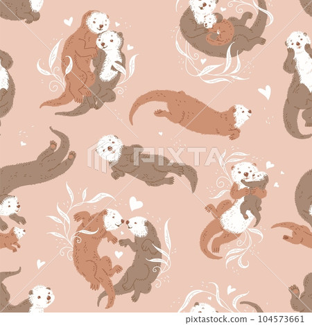 Seamless pattern design with sea adorable otters flat vector illustration. 104573661
