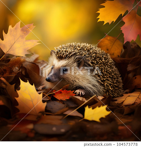 Hedgehog in an autumn forest clearing. Illustration. Generated AI 104573778