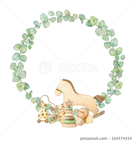 Baby shower frame with wooden toys pyramid, camera, rocking horse, cubes, plush tiger, giraffe on wheels, teething toy in eucalyptus wreath. Hand drawn watercolor illustration eco kids toys for card Baby shower frame with wooden toys pyramid, camera, rocking horse, cubes, plush tiger, giraffe on wheels, teething toy in eucalyptus wreath. Hand drawn watercolor illustration eco kids toys for card 104574354