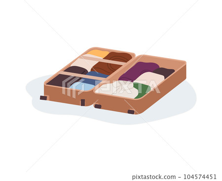 Well organized and packed suitcase, flat vector illustration isolated on white background. Well organized and packed suitcase, flat vector illustration isolated on white background. 104574451