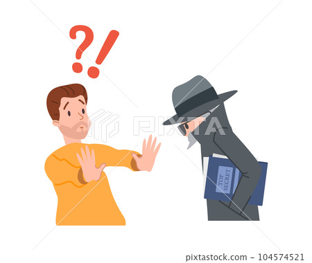 Man refuses to give information to spy, flat vector illustration isolated. Man refuses to give information to spy, flat vector illustration isolated. 104574521