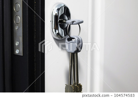 Home Ownership the day you get your new Keys to your new home. House keys inside door lock Home Ownership the day you get your new Keys to your new home. House keys inside door lock 104574583