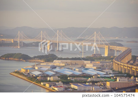 Seto Ohashi Bridge seen from Aonoyama at dusk, Kagawa Prefecture Seto Ohashi Bridge seen from Aonoyama at dusk, Kagawa Prefecture 104575474