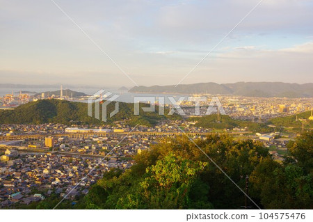Kagawa Prefecture, view of Tamano City, Goshikidai, and Sakaide City from Aonoyama at dusk 104575476