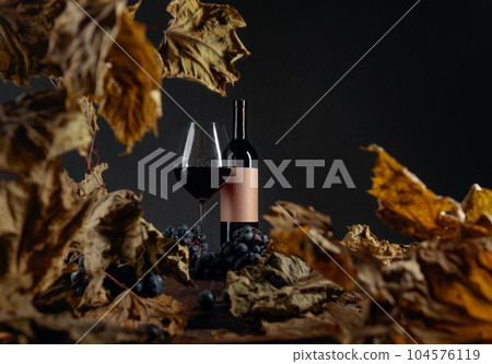 Bottle and glass of red wine on a table with dried vine leaves and blue grapes. 104576119