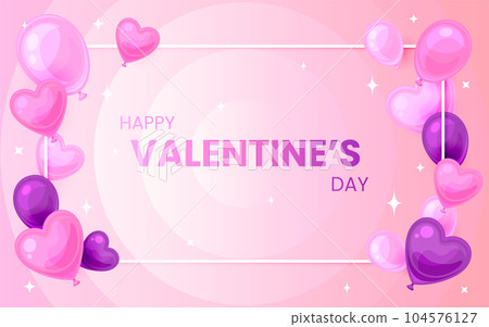Valentine day greeting card balloon banner flat. Romantic flyer gift banner frame hung balloon heart pink purple gradient sweetheart background cute cartoon love web poster brochure ads celebration 104576127