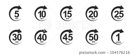 Set of minutes icons with circle arrows. Stopwatch symbol. 5, 10, 15, 20, 25, 30, 40, 45, 50 min countdawn signs. Sport or cooking timers isolated on white background Set of minutes icons with circle arrows. Stopwatch symbol. 5, 10, 15, 20, 25, 30, 40, 45, 50 min countdawn signs. Sport or cooking timers isolated on white background 104576216