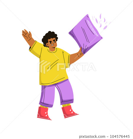 Boy Hooligan with Bad Behavior Fighting with Pillow Vector Illustration 104576445