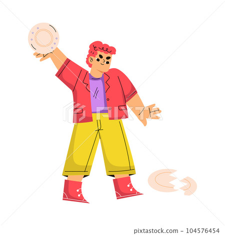 Boy Hooligan with Bad Behavior Breaking Plates Vector Illustration 104576454