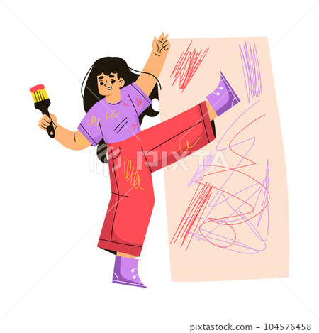 Girl Hooligan with Bad Behavior Painting on Wall with Brush Vector Illustration 104576458