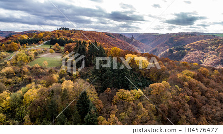 fall autumn aerial view rock with medieval castle Ehrenburg on it near moselle river in Brodenbach with forest hills 104576477