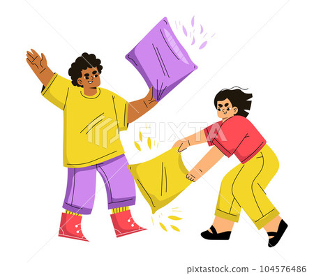 Children Hooligan with Bad Behavior Fighting with Pillow Vector Illustration Children Hooligan with Bad Behavior Fighting with Pillow Vector Illustration 104576486