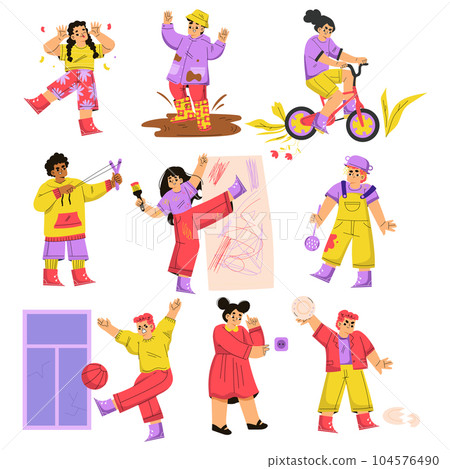 Naughty Children Hooligans Misbehaving Making Mess Vector Set 104576490